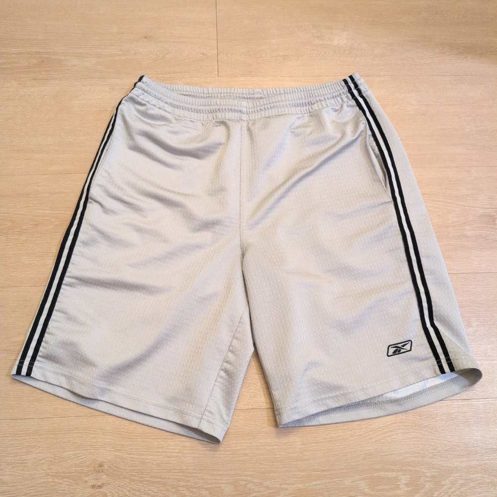 Y2K Reebok Men Small Mesh Athletic Basketball Shorts Gray Black Stripe